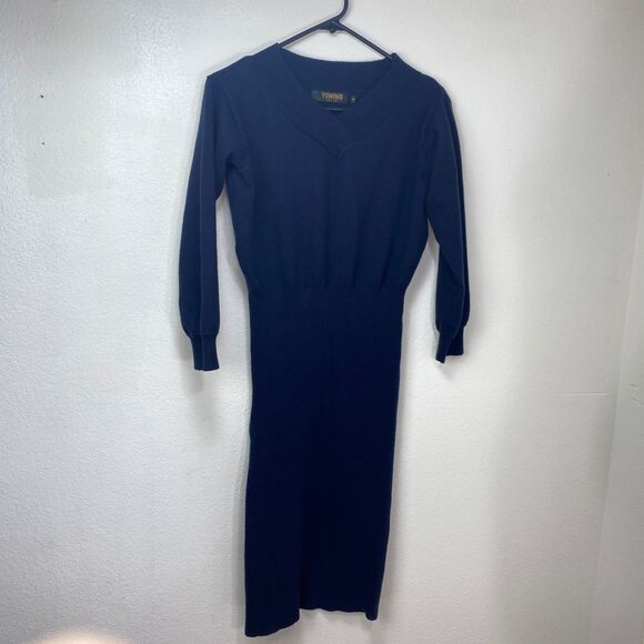 Yumomo Dark Blue Soft Knit Bodycon Dress Sm Knee Length Long Sleeves Chic Goth - Picture 2 of 10